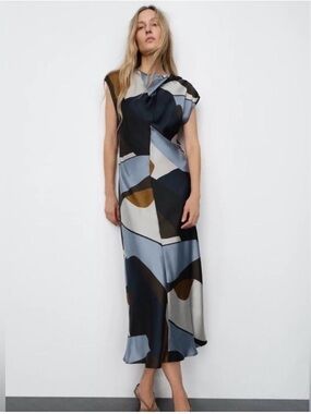 Zara Geometric Satin Dress Medium NWT